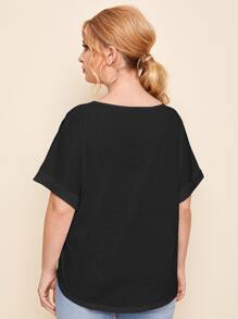 SHEIN Essnce Camiseta unicolor de manga murciélago de puño de doblez - Negro - Ver 2