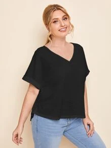 SHEIN Essnce Camiseta unicolor de manga murciélago de puño de doblez - Negro - Ver 3