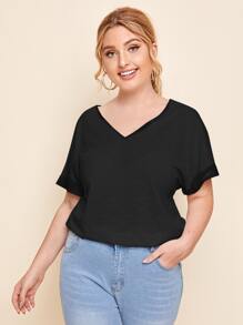SHEIN Essnce Camiseta unicolor de manga murciélago de puño de doblez - Negro - Ver 5