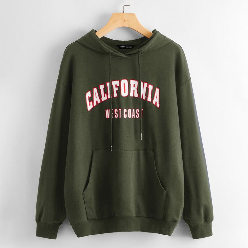 

Letter Graphic Kangaroo Pocket Drawstring Hoodie, Army green