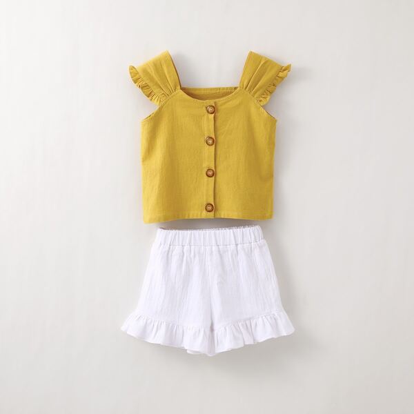 

Toddler Girls Button Up Top With Ruffle Hem Shorts, Multicolor
