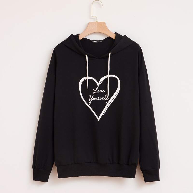 

Heart & Slogan Graphic Drawstring Hoodie, Black