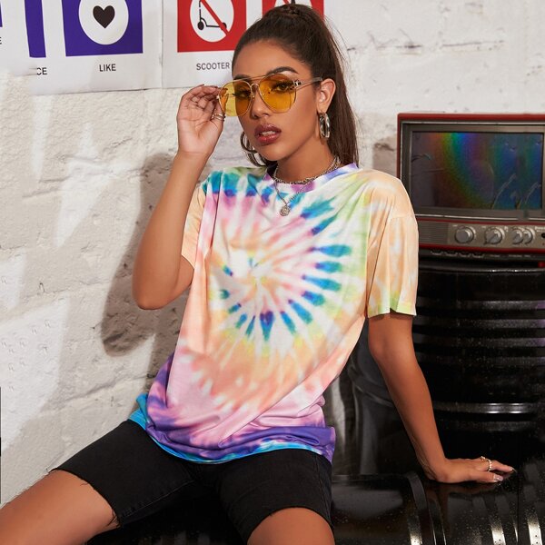 

Tie Dye Print Drop Shoulder Tee, Multicolor