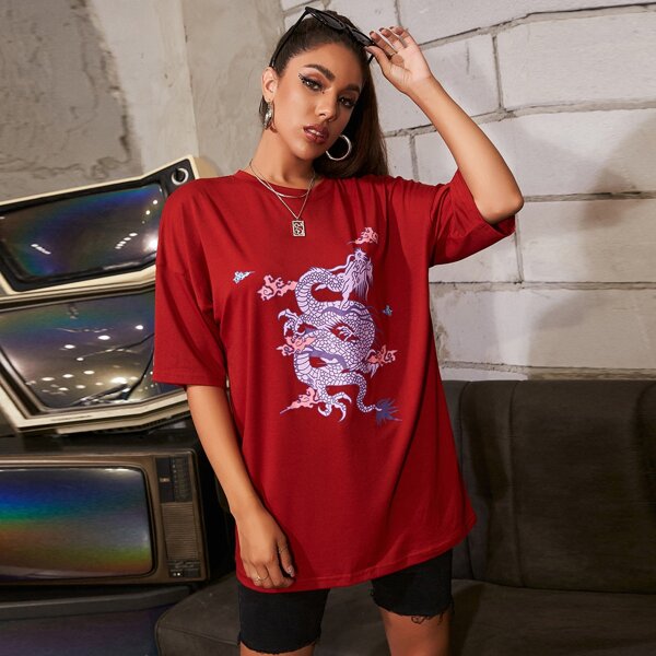 

Dragon Graphic Drop Shoulder Oversized Tee, Burgundy