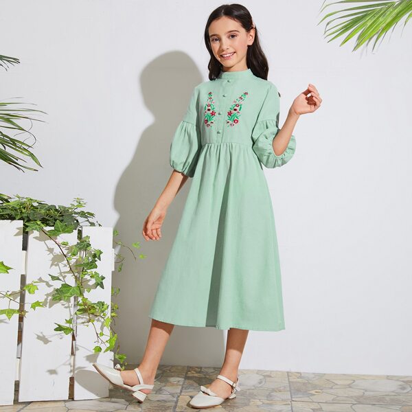 

Girls Lantern Sleeve Embroidery Detail Flare Dress, Mint green