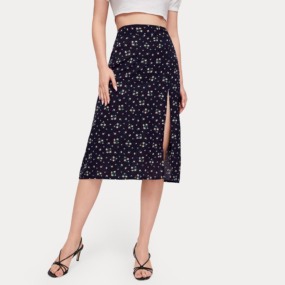 

Ditsy Floral Split Skirt, Navy blue