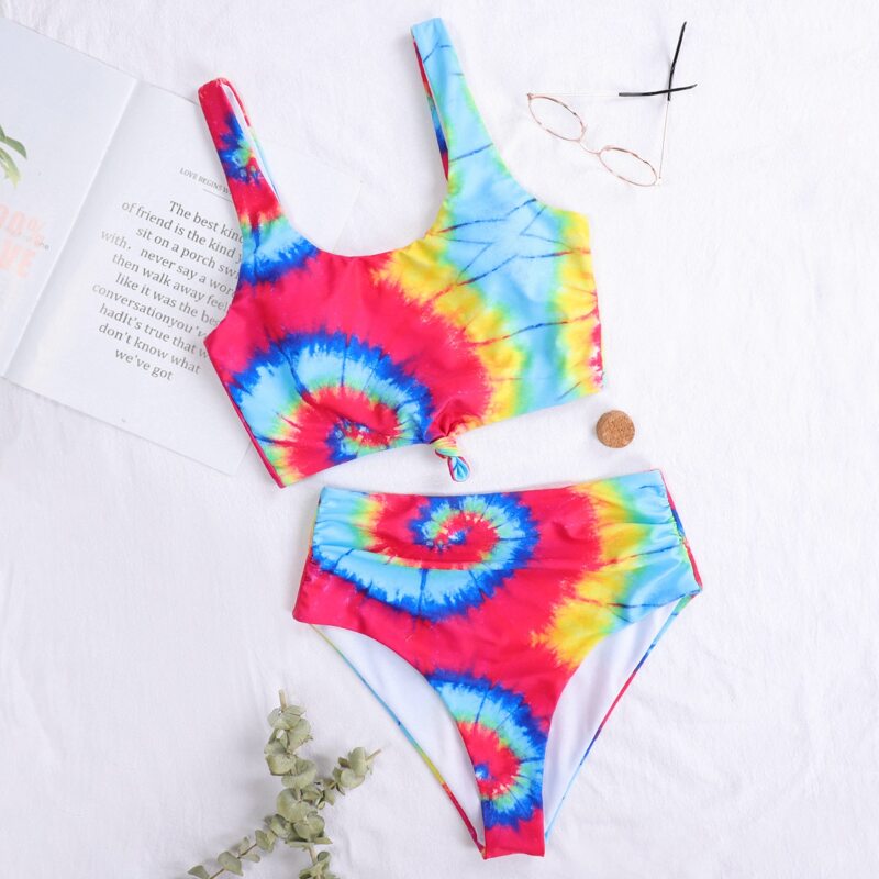 

Tie Dye Knot Hem High Waisted Bikini Swimsuit, Multicolor