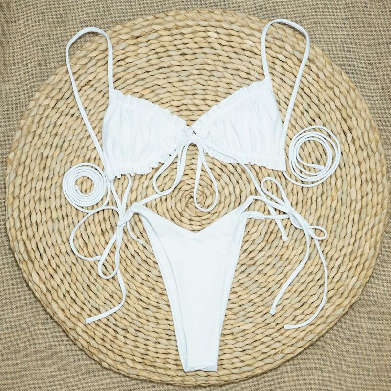 

Frill Trim Triangle Tie Side Bikini Swimsuit, White