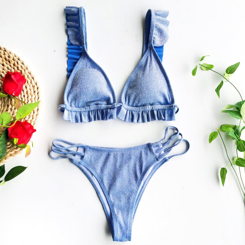 

Glitter Ruffle Cut-out Triangle Bikini Swimsuit, Blue