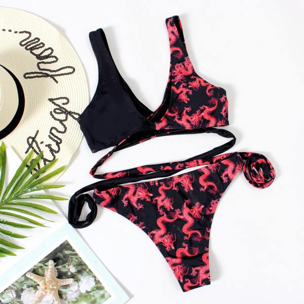 

Chinese Dragon Print Wrap Tie Front Bikini Swimsuit, Multicolor