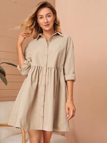 SHEIN Drop Shoulder Solid Shirt Smock Dress - Khaki - View 1