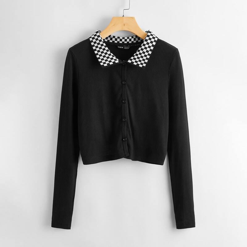 

Checkerboard Neck Button Front Ribbed Tee, Black