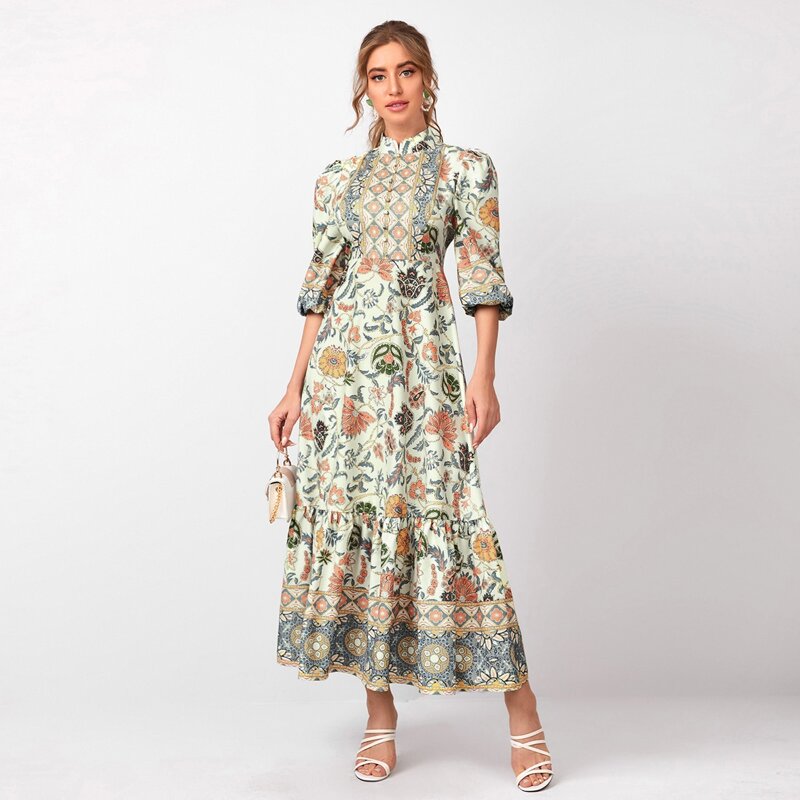 

Mock Neck Puff Sleeve Tribal Print Dress, Multicolor