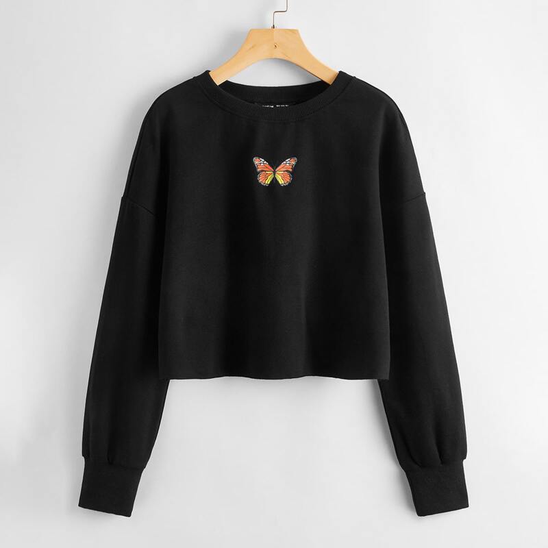 

Drop Shoulder Butterfly Print Sweatshirt, Black