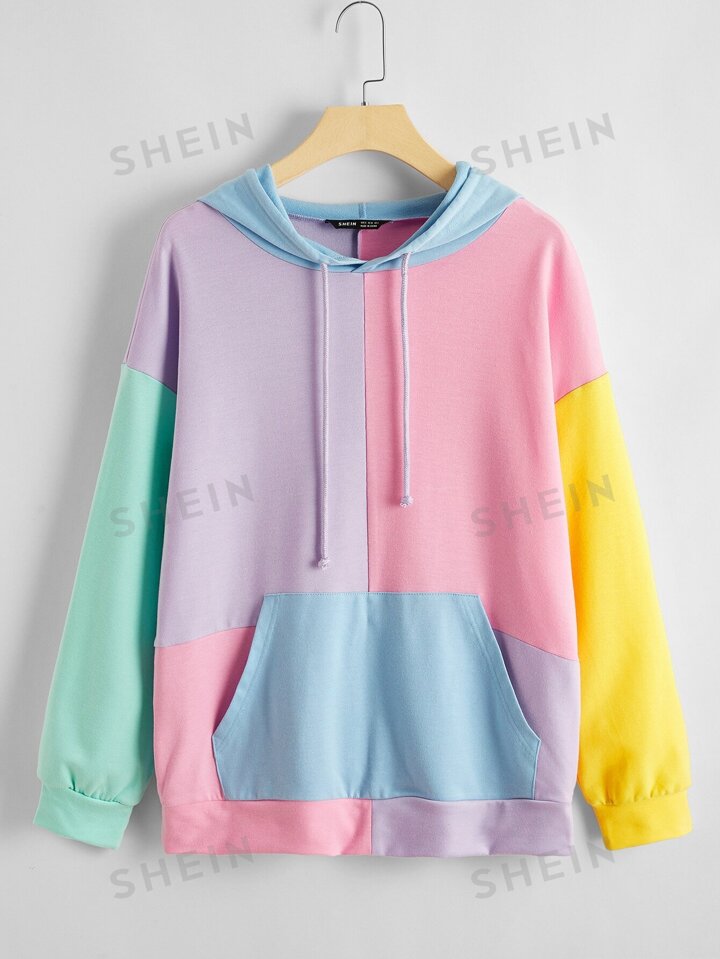 colorblock kangaroo pocket drawstring hoodie