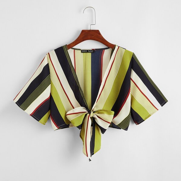 

Tie Front Striped Crop Top, Multicolor