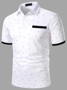 Manfinity Mode Men Contrast Trim All Over Print Polo Shirt - White - View 1