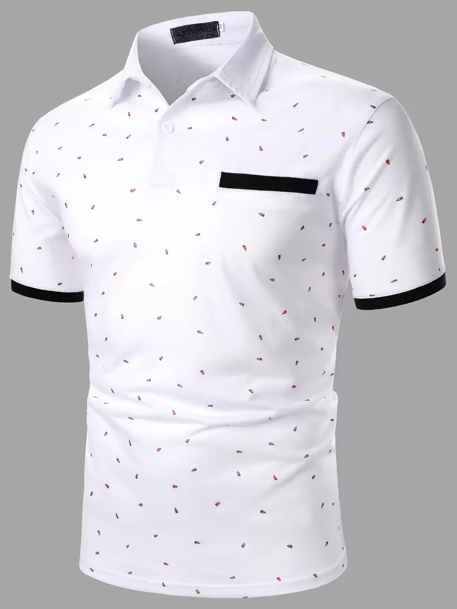 Manfinity Mode Men Contrast Trim All Over Print Polo Shirt - White - View 1