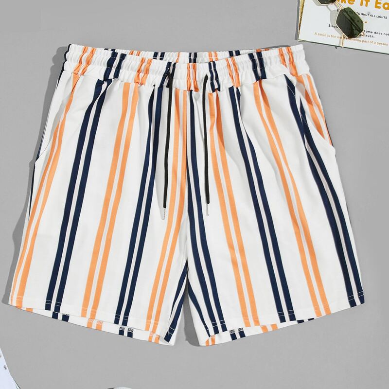 

Men Colorful Stripe Drawstring Shorts, White
