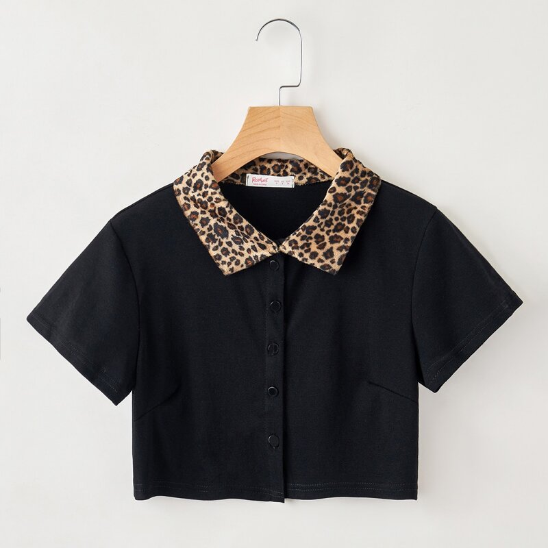 

Leopard Collar Boxy Crop Shirt, Black