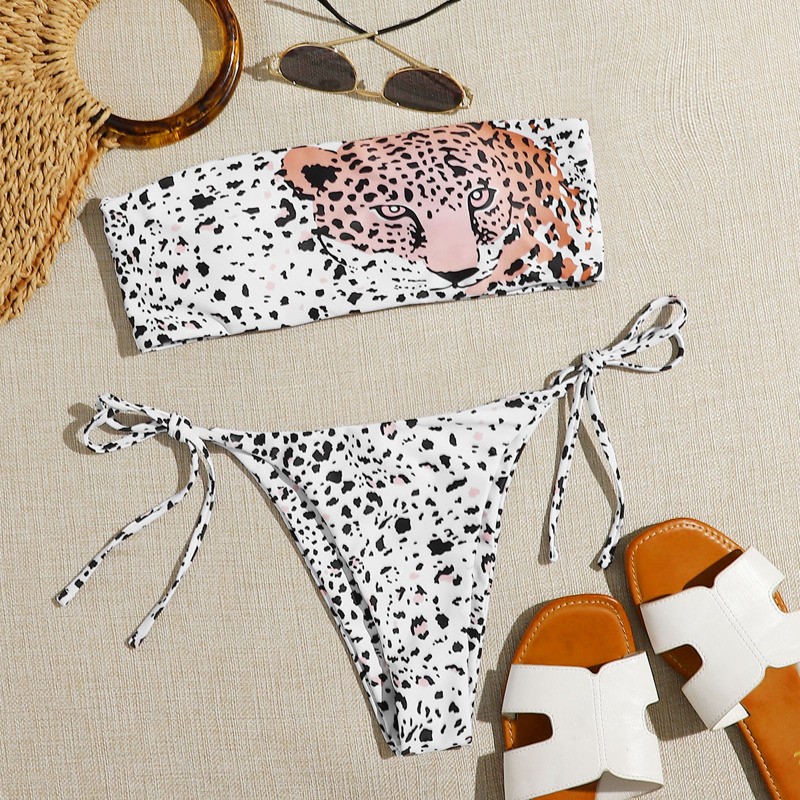 

Leopard Bandeau Tie Side Bikini Swimsuit, Multicolor