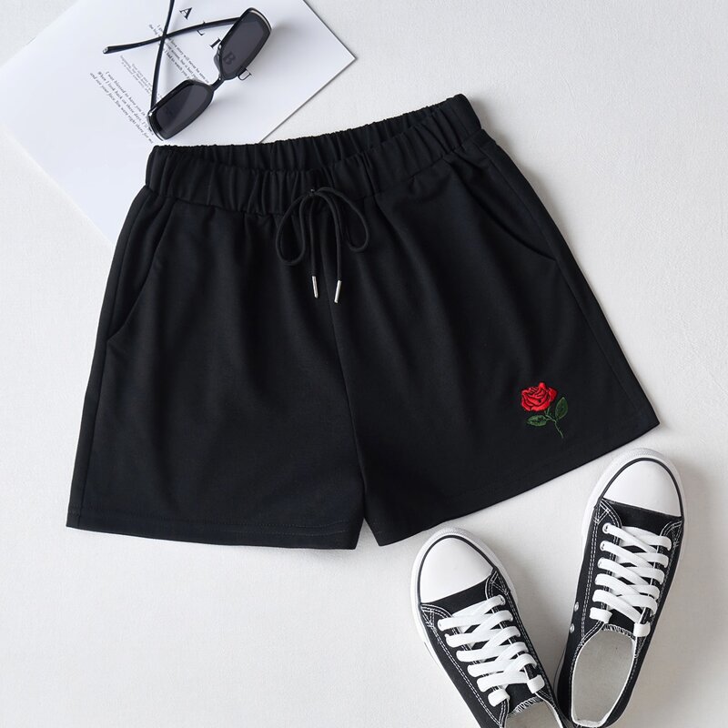 

Rose Embroidery Shorts, Black