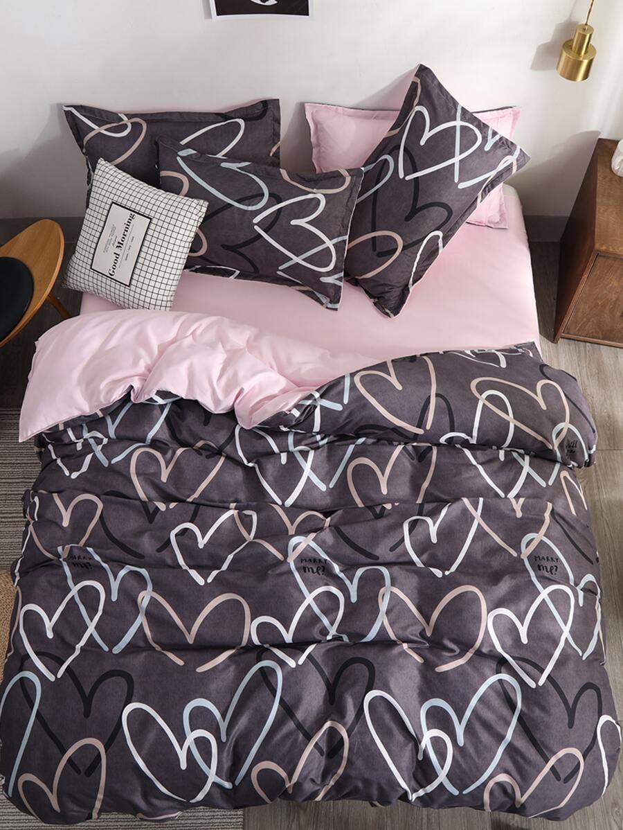 Heart Print Bedding Set Without Filler - Dark Grey - View 1