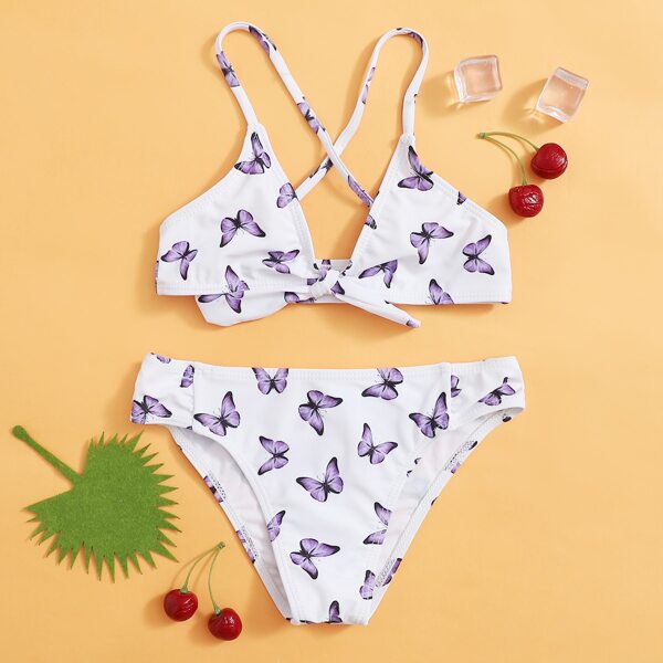 

Girls Butterfly Print Knot Front Bikini Swimsuit, White