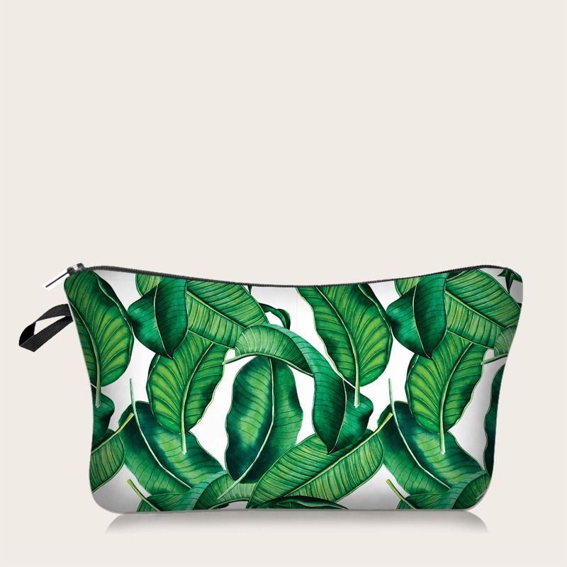 

1pc Leaf Print Makeup Bag, Green