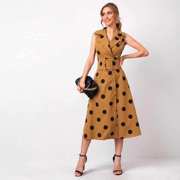 

Polka Dot Self Belt Vest Coat, Brown