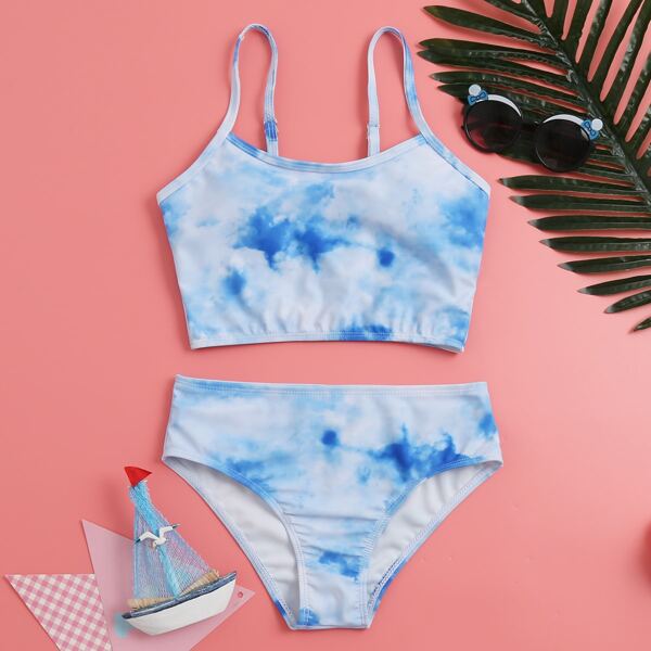 

Girls Tie Dye Bikini Swimsuit, Blue and white