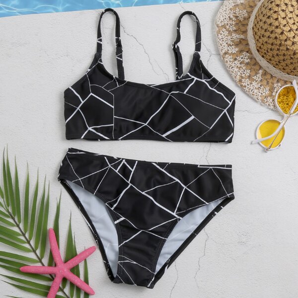 

Girls Geo Print Bikini Swimsuit, Black