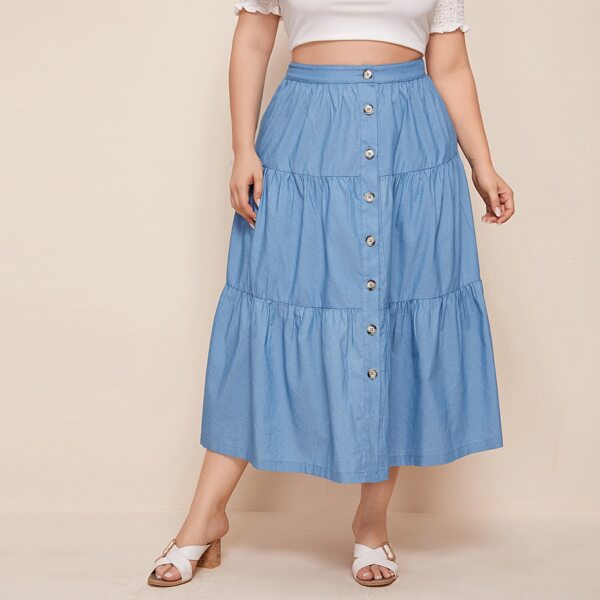 

Plus Button Front Layered Skirt, Blue