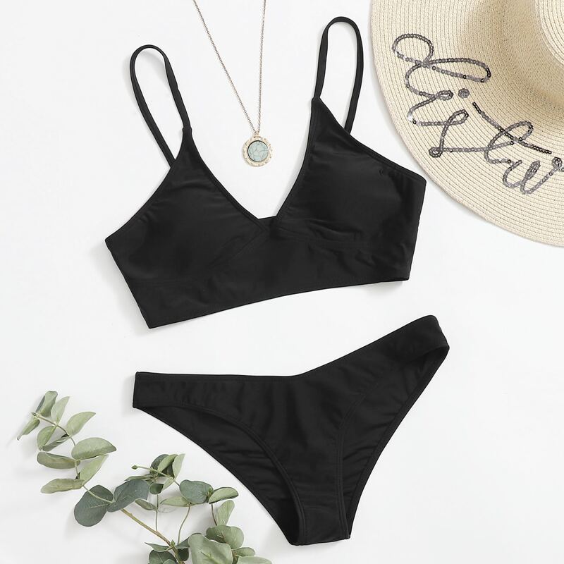 

Solid Cami Bikini Swimsuit, Black