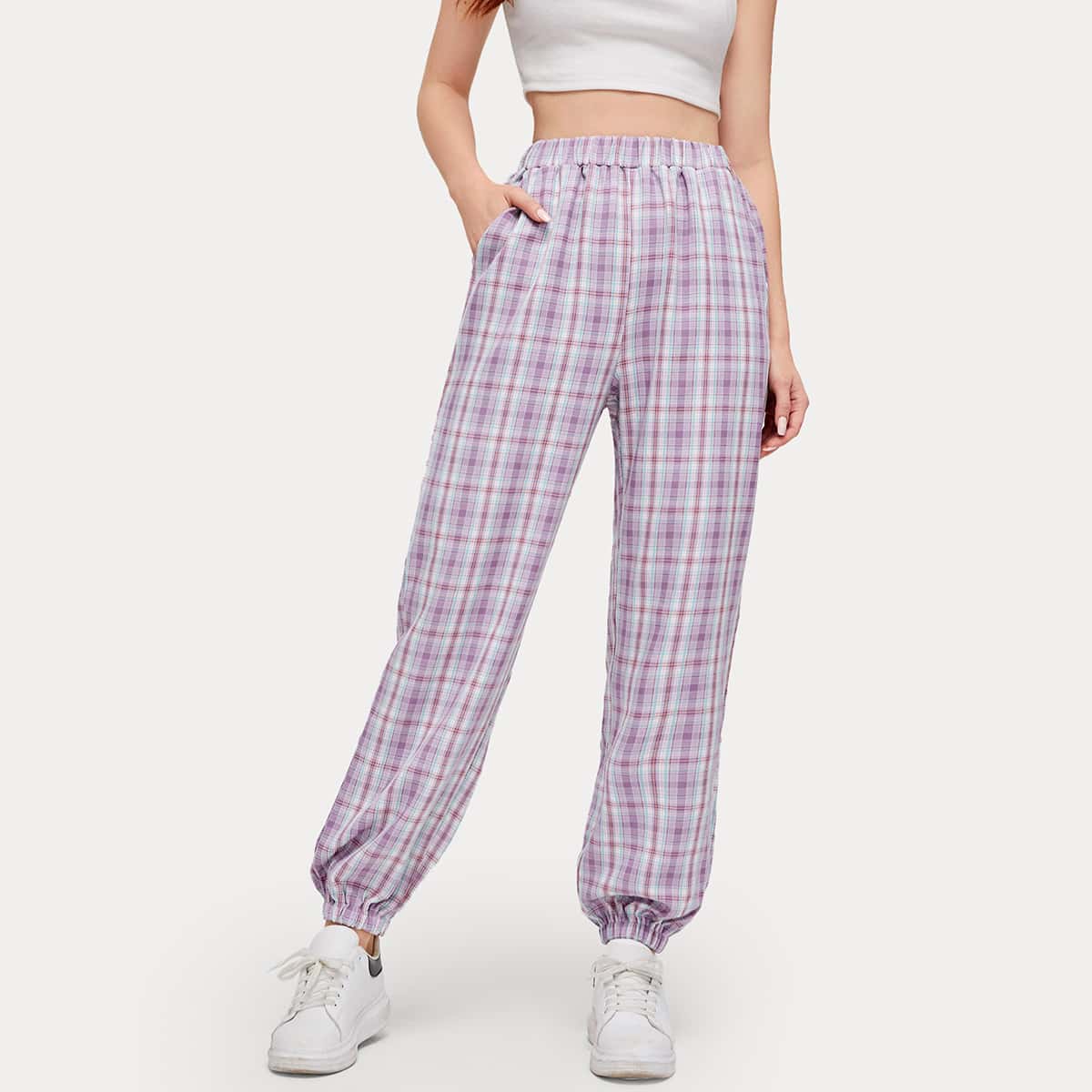 

Tartan Elastic Waist Pants, Multicolor