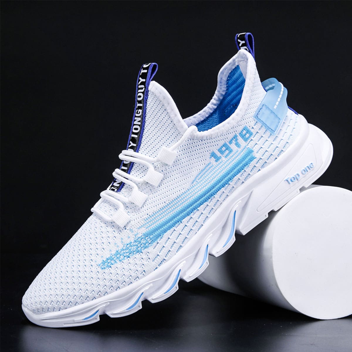 

Guys Lace-up Decor Low Top Knit Sneakers, Blue and white