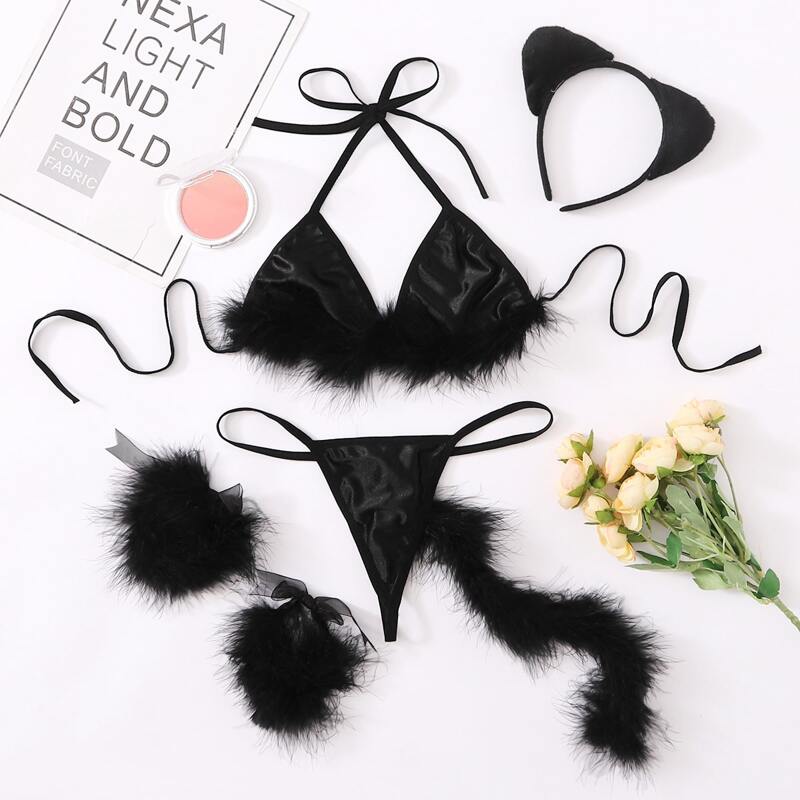 

6pack Fluffy Triangle Thong Rabbit Sexy Costume, Black