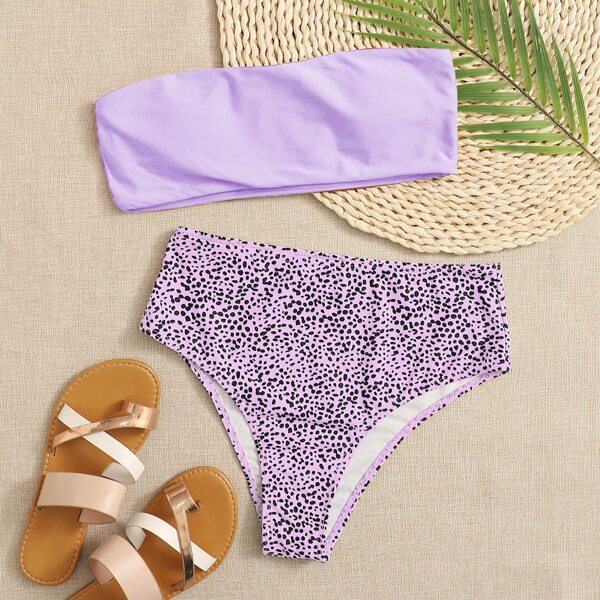 

Dalmatian Bandeau High Waisted Bikini Swimsuit, Pastel lilac purple