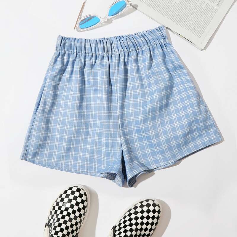 

Plaid Elastic Waist Shorts, Baby blue