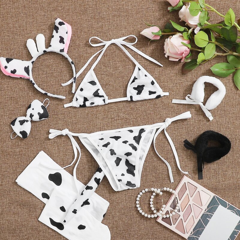 

9pack Cow Print Sexy Set & Socks & Tail, Black and white