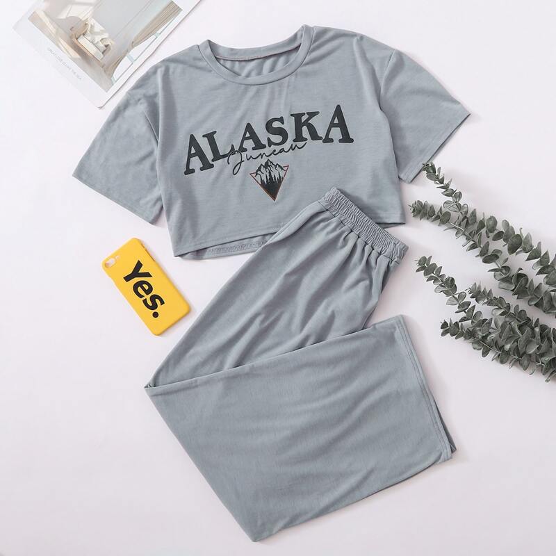 

Letter Print Tee & Pants PJ Set, Grey