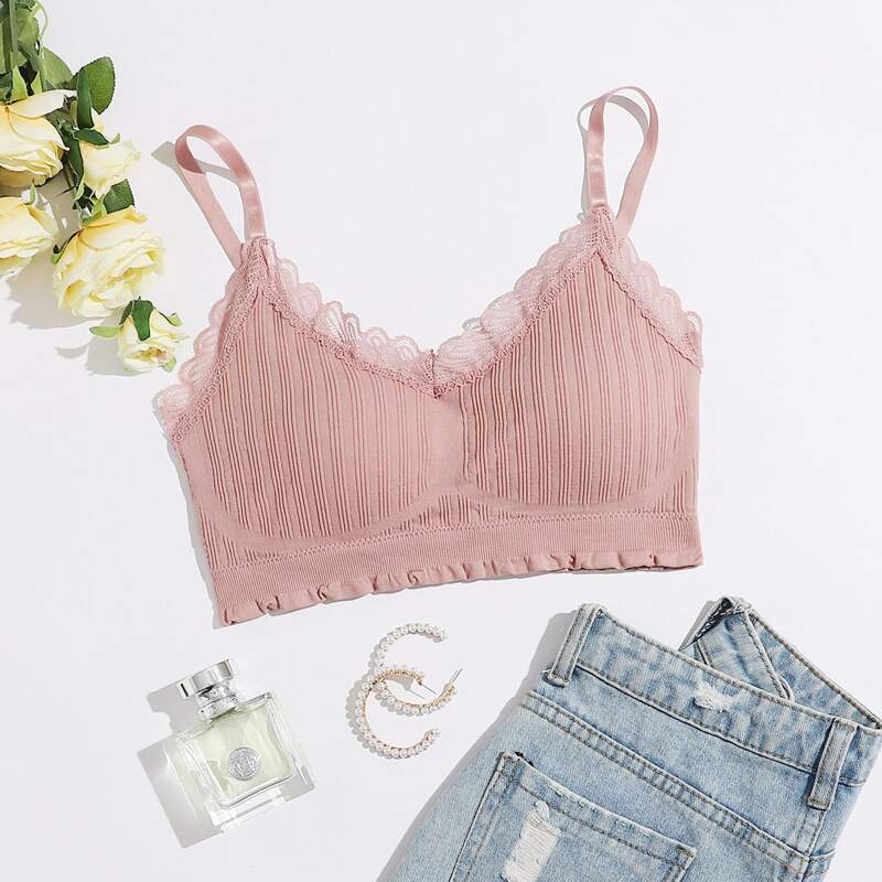 

Ribbed Lace Trim Bralette, Dusty pink