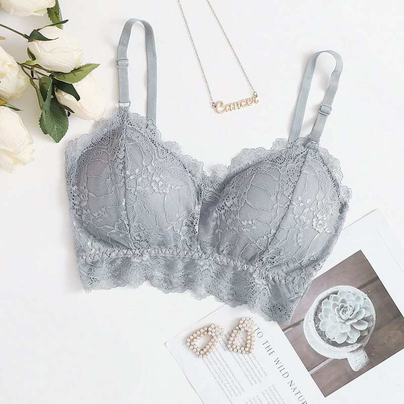 

Floral Lace Wireless Bra, Grey