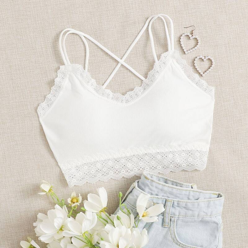 

Ribbed Lace Trim Bralette, White