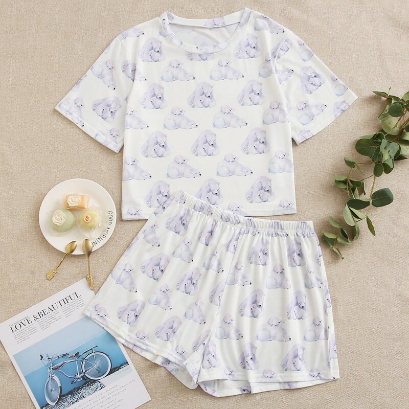 Allover Bear Print Shorts PJ Set, White