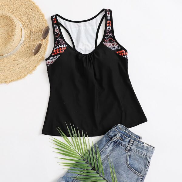 

Contrast Geo Print Tankini Top, Black