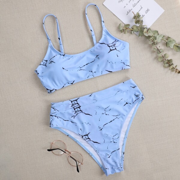 

Marble Print High Waisted Bikini Swimsuit, Lilac purple