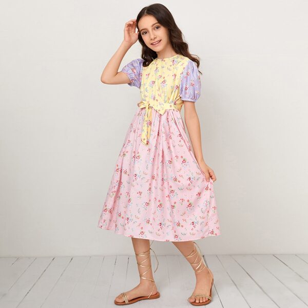 

Girls Floral Print Puff Sleeve Tie Front Colorblock Dress, Multicolor