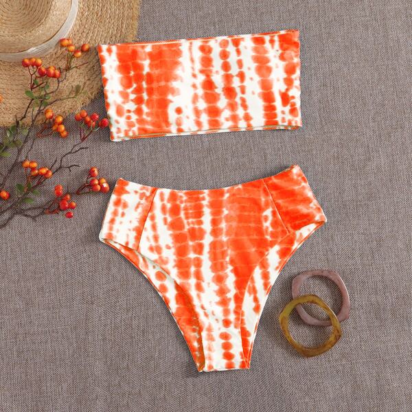 

Tie Dye Bandeau High Waisted Bikini Swimsuit, Orange