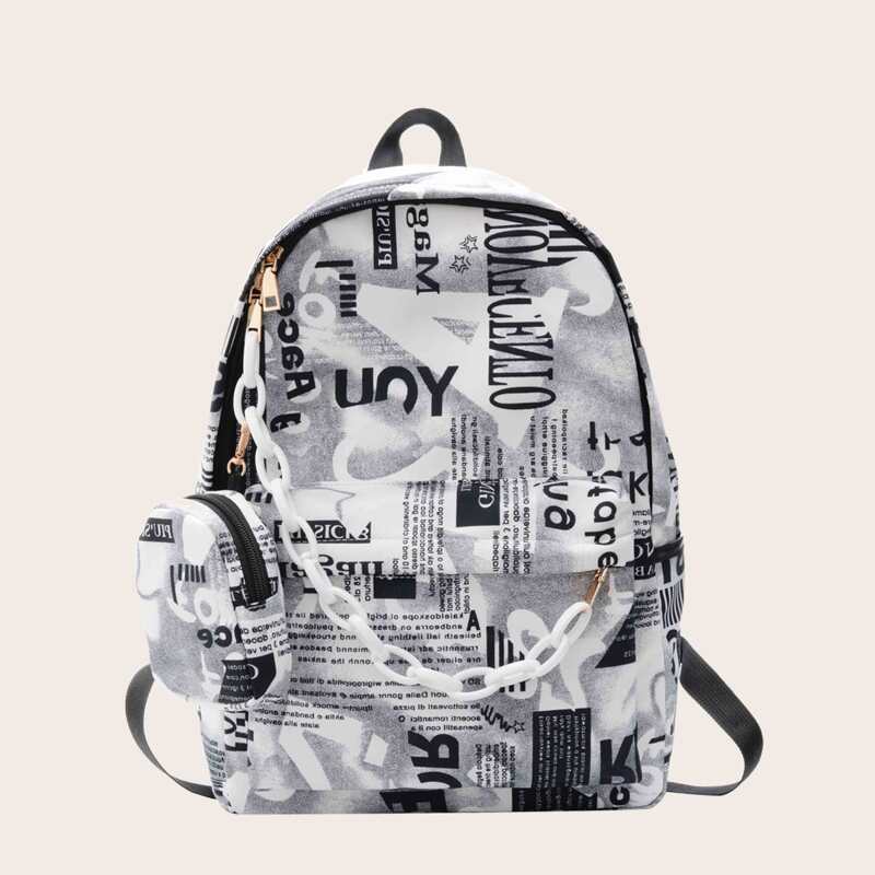 

Chain Decor Letter Graphic Backpack With Coin Case, Grey